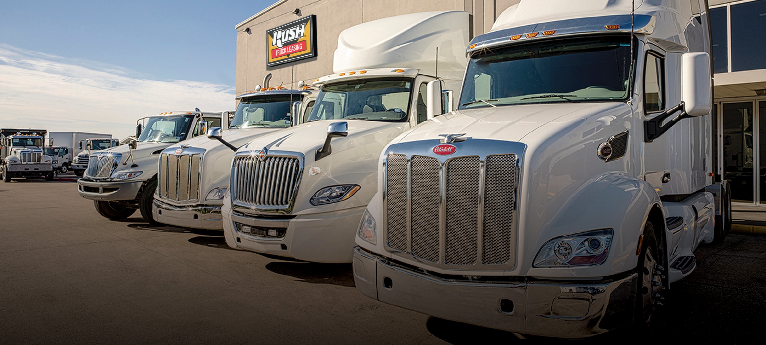 Trucks lined up outside Rush Truck Leasing